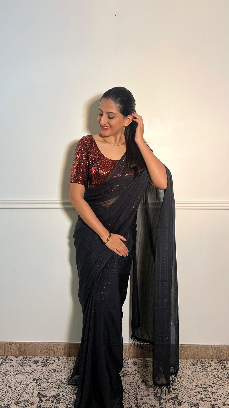 Geet x Tyohaar | Elbow Sleeves Red Sequined Shimmer Saree Blouse with Round Neck-Binks