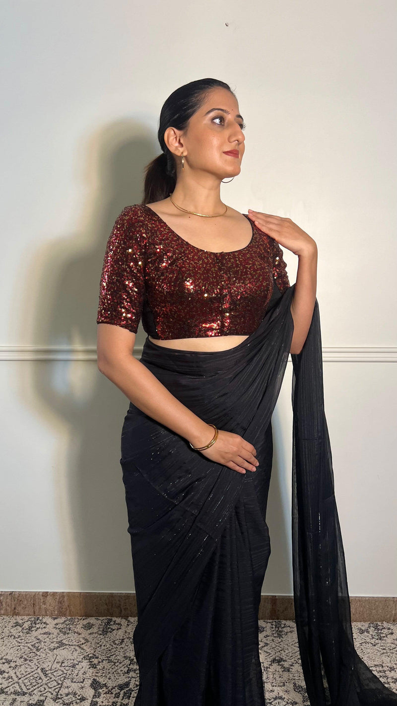 Geet x Tyohaar | Elbow Sleeves Red Sequined Shimmer Saree Blouse with Round Neck-Binks