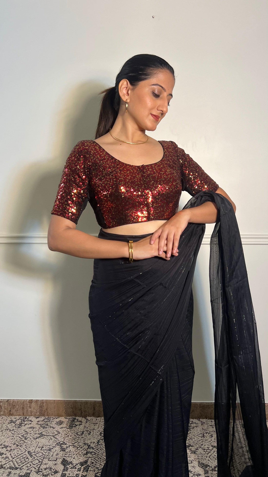 Geet x Tyohaar Saree Blouse, in Red Sequin, featuring elbow sleeves, made for party & festive (view 7).