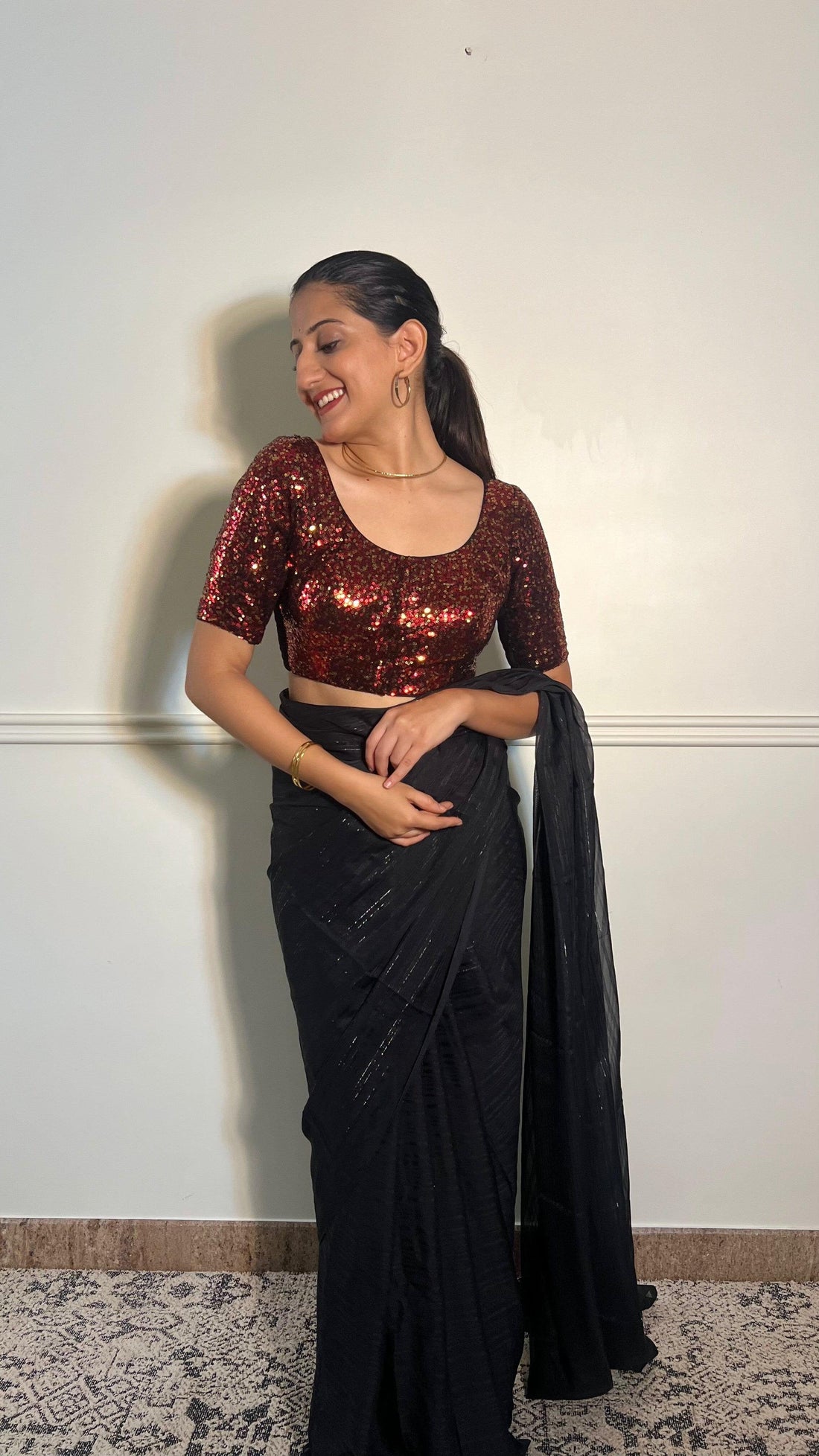 Geet x Tyohaar Saree Blouse, in Red Sequin, featuring elbow sleeves, made for party & festive (view 8).