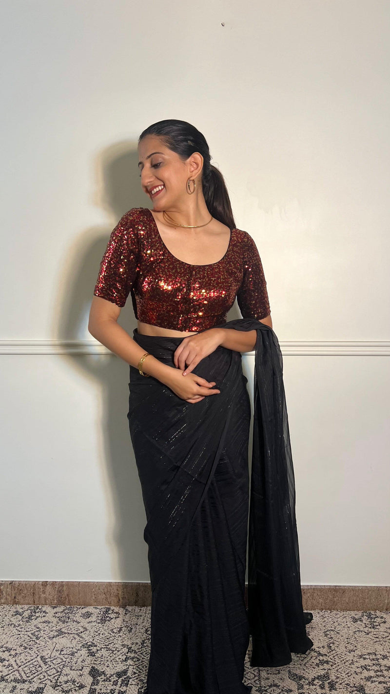Geet x Tyohaar | Elbow Sleeves Red Sequined Shimmer Saree Blouse with Round Neck-Binks