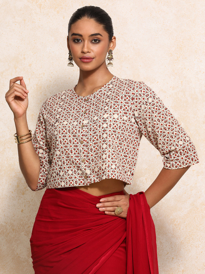 Geetika x Rozaana | Elbow Sleeves Saree Blouse in Cream & Red Geometric Block Print Cotton-Binks