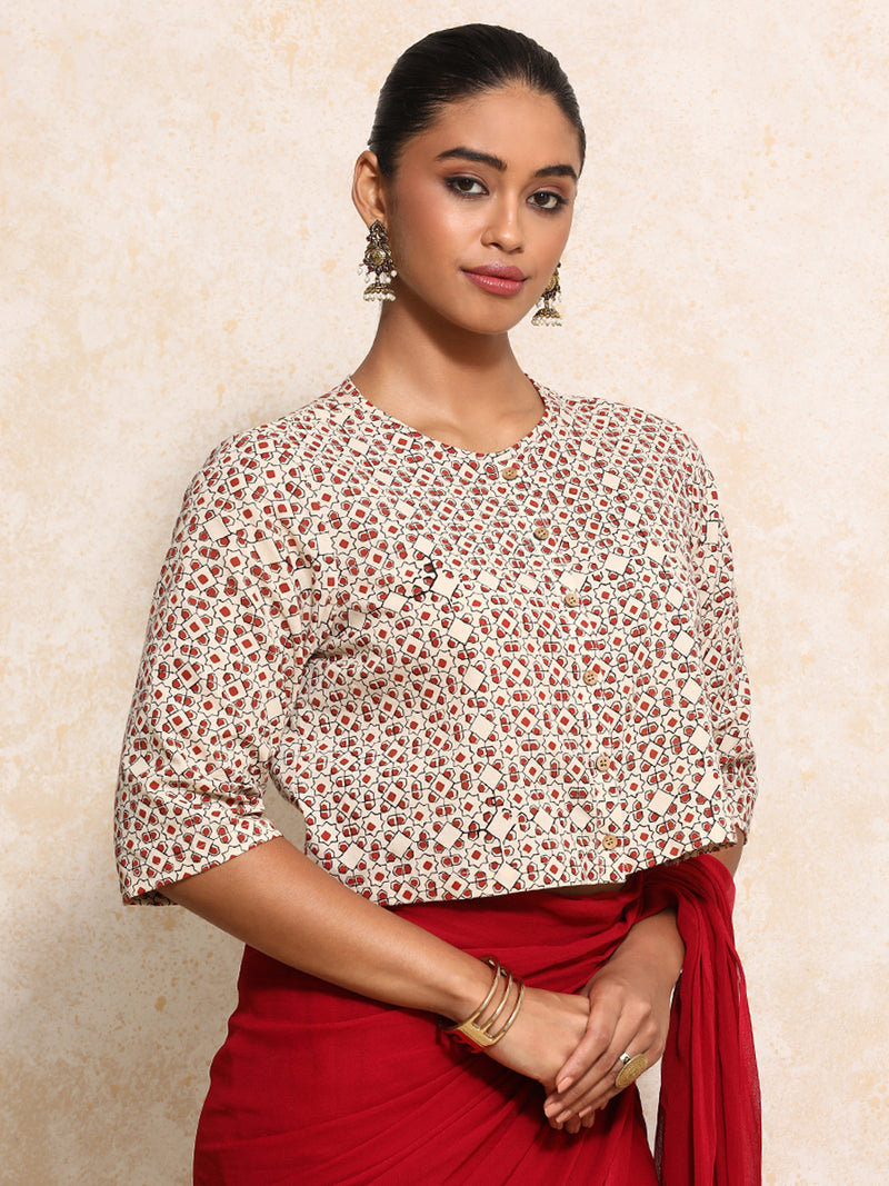 Geetika x Rozaana | Elbow Sleeves Saree Blouse in Cream & Red Geometric Block Print Cotton-Binks