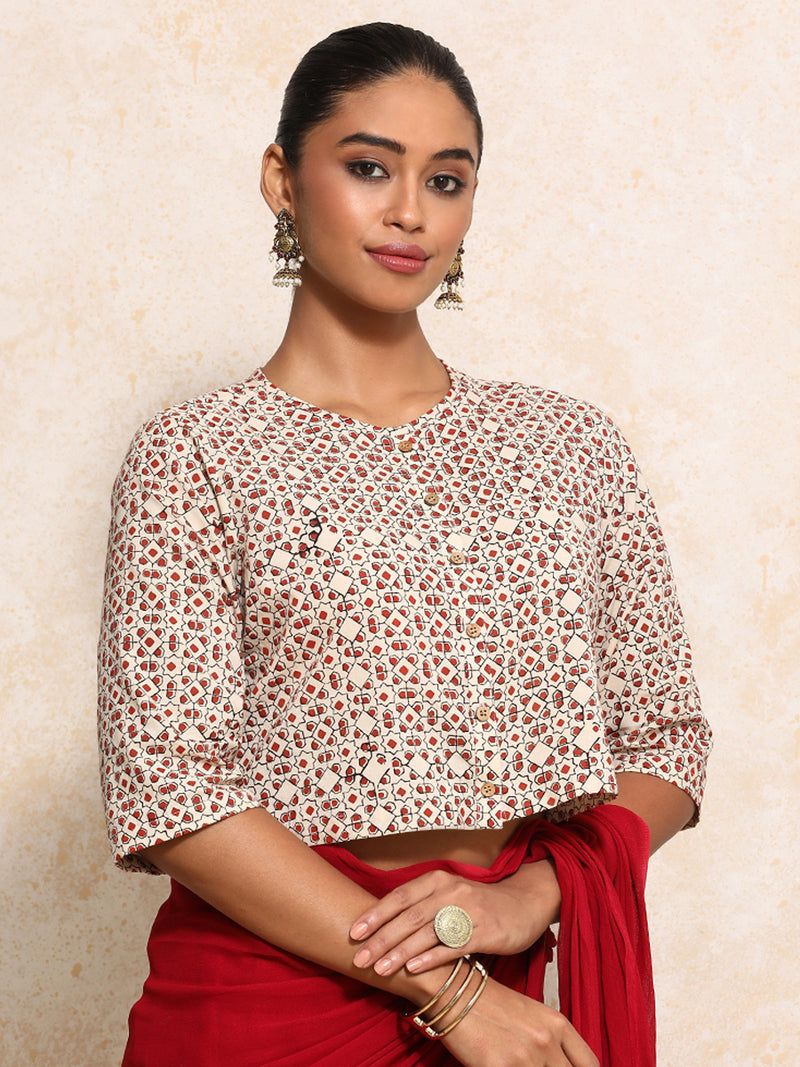 Geetika x Rozaana | Elbow Sleeves Saree Blouse in Cream & Red Geometric Block Print Cotton-Binks
