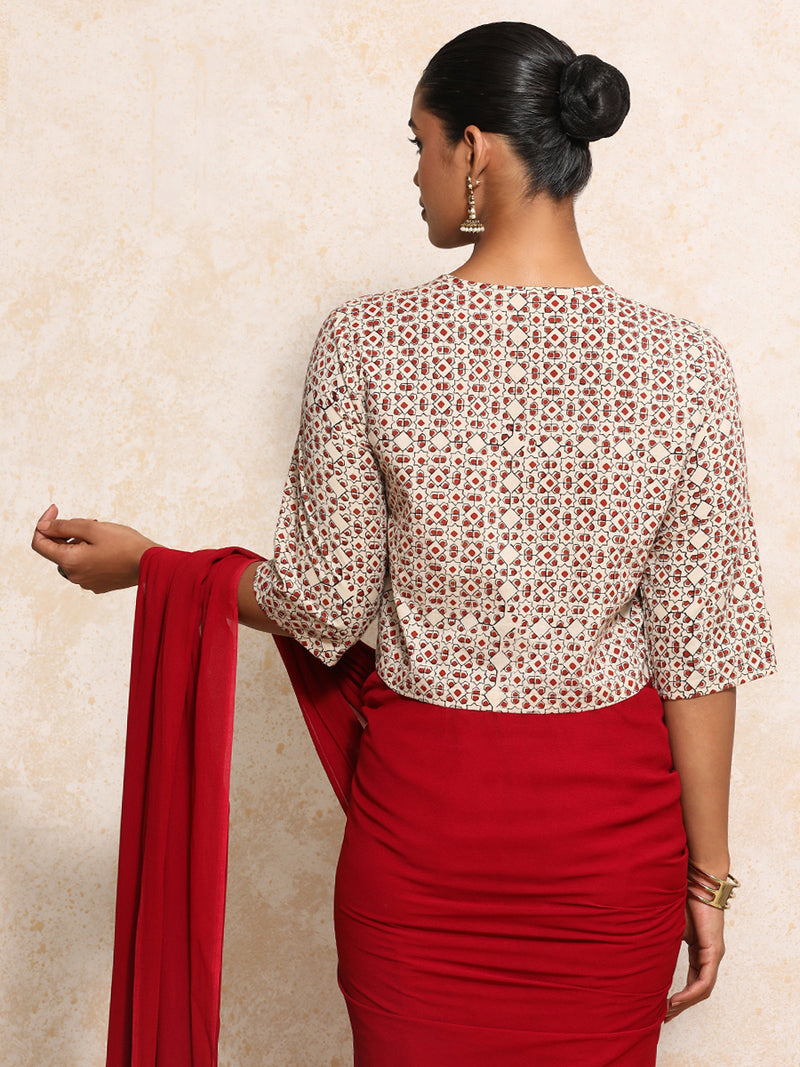 Geetika x Rozaana | Elbow Sleeves Saree Blouse in Cream & Red Geometric Block Print Cotton-Binks