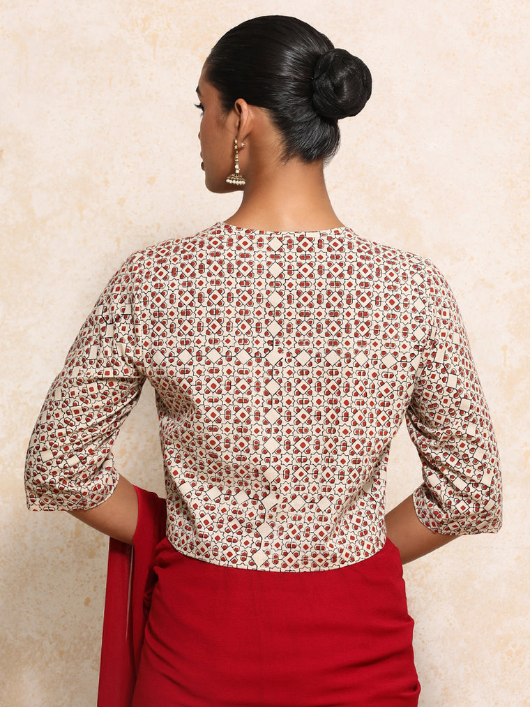 Geetika x Rozaana Saree Blouse, in Cream 100% Cotton - Block Printed, featuring elbow sleeves and jewel neckline (view 2).