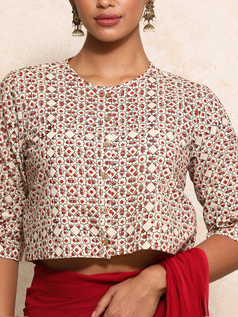 Geetika x Rozaana Saree Blouse, in Cream 100% Cotton - Block Printed, featuring elbow sleeves and jewel neckline (view 3).