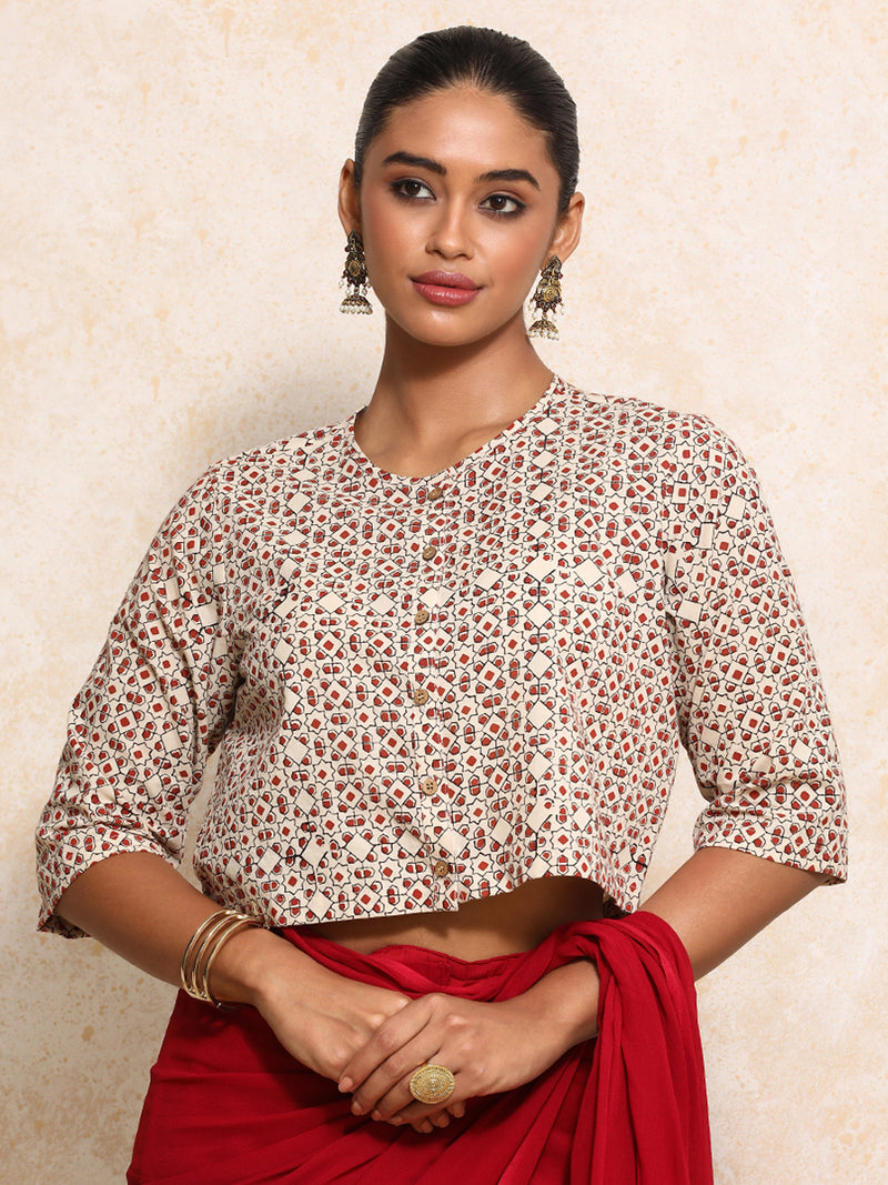 Geetika x Rozaana | Elbow Sleeves Saree Blouse in Cream & Red Geometric Block Print Cotton-Binks