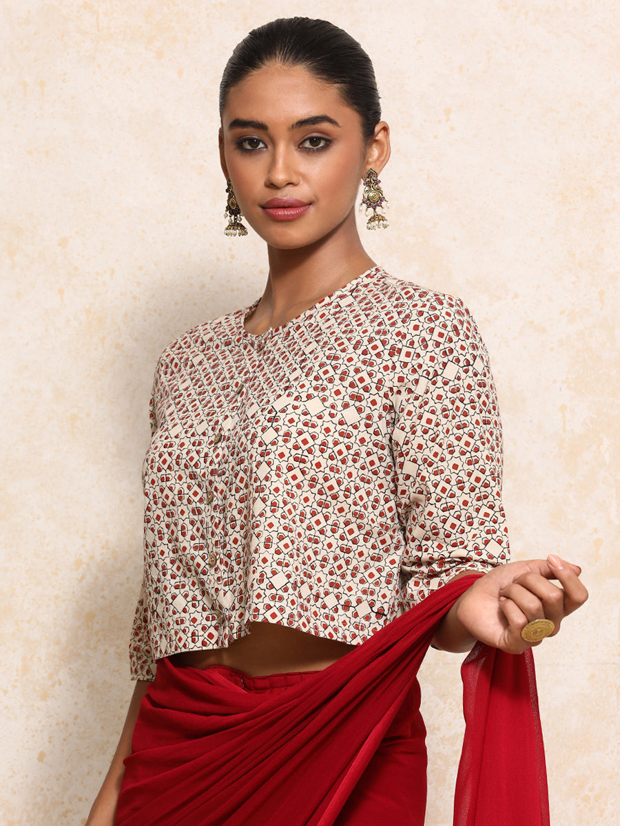 Geetika x Rozaana Saree Blouse, in Cream 100% Cotton - Block Printed, featuring elbow sleeves and jewel neckline (view 6).