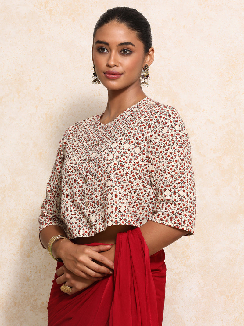 Geetika x Rozaana | Elbow Sleeves Saree Blouse in Cream & Red Geometric Block Print Cotton-Binks