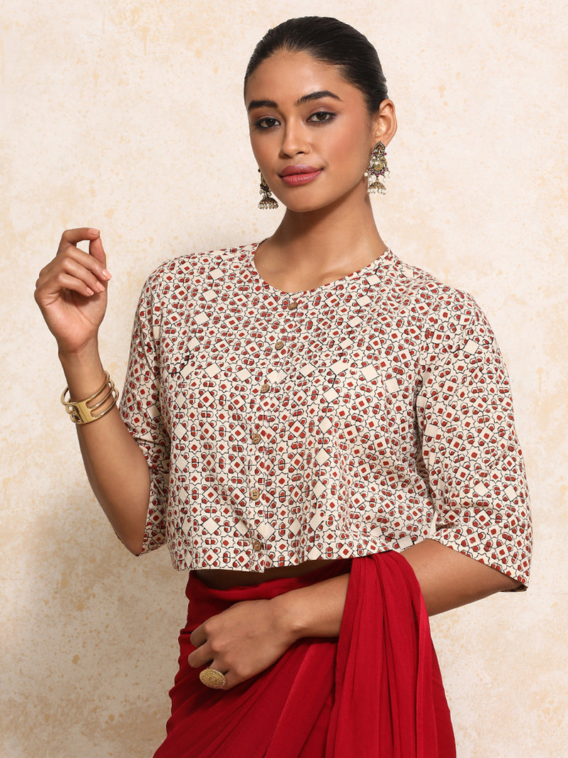 Geetika x Rozaana | Elbow Sleeves Saree Blouse in Cream & Red Geometric Block Print Cotton-Binks