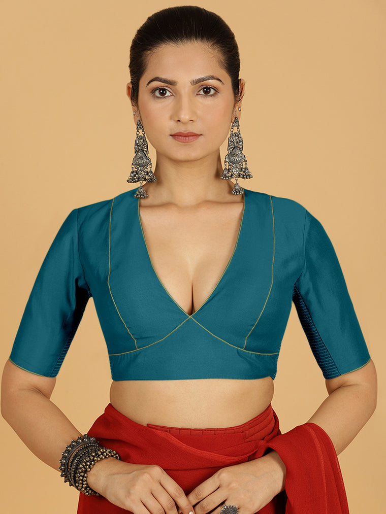 Ghazal x Rozaana Saree Blouse, in Blue Viscose, featuring elbow sleeves and curved v-neckline, made for daily & work.