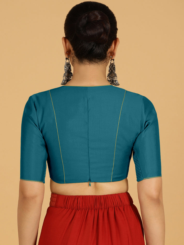 Ghazal x Rozaana Saree Blouse, in Blue Viscose, featuring elbow sleeves and curved v-neckline, made for daily & work (view 2).