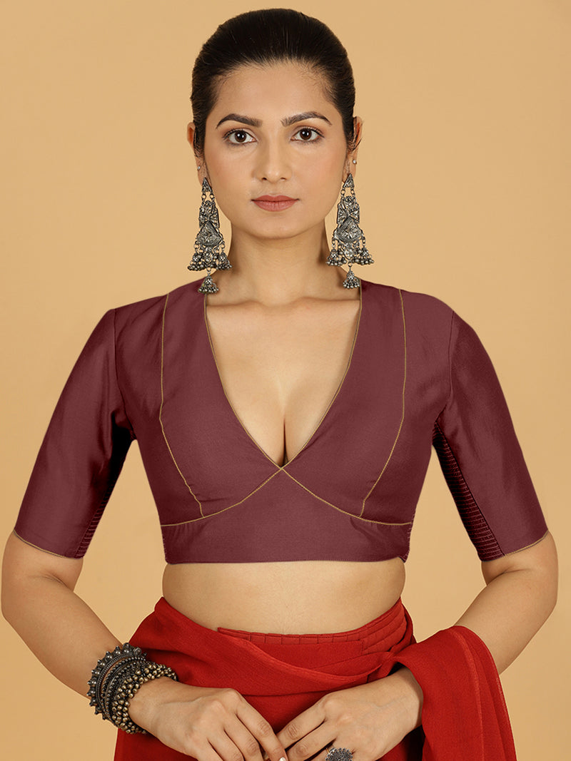Ghazal x Rozaana | Elbow Sleeves Saree Blouse in Deep Maroon-Binks