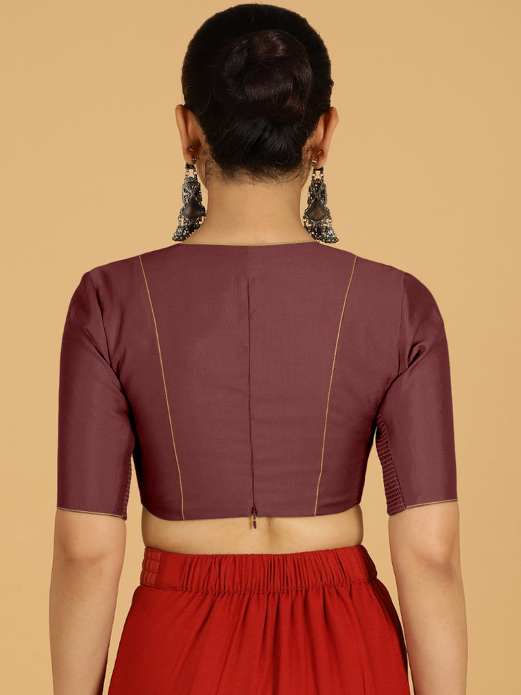 Ghazal x Rozaana Saree Blouse, in Maroon Viscose, featuring elbow sleeves and curved v-neckline, made for daily & work (view 2).
