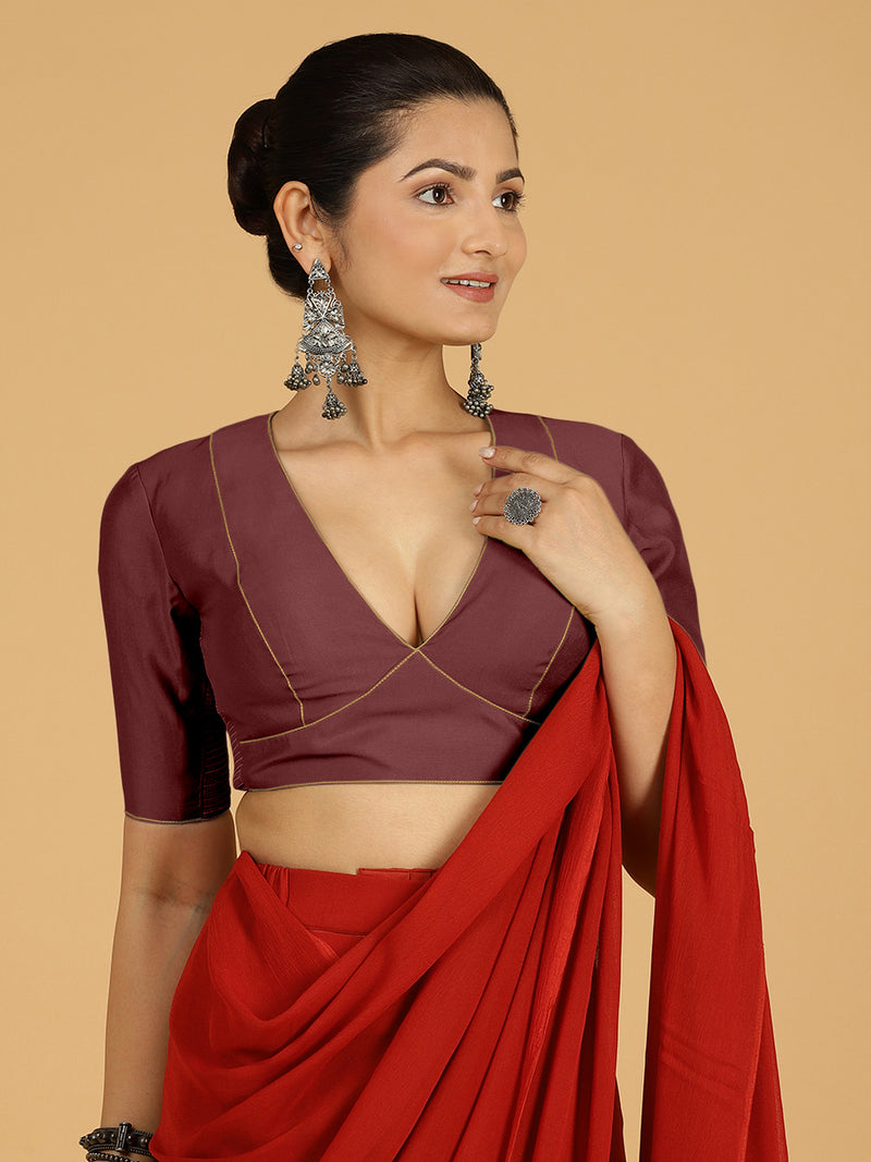 Ghazal x Rozaana | Elbow Sleeves Saree Blouse in Deep Maroon-Binks