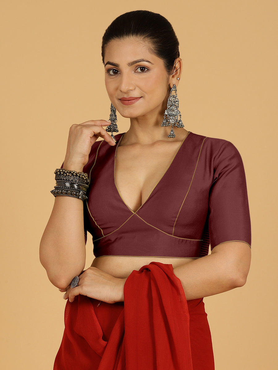 Ghazal x Rozaana Saree Blouse, in Maroon Viscose, featuring elbow sleeves and curved v-neckline, made for daily & work (view 8).