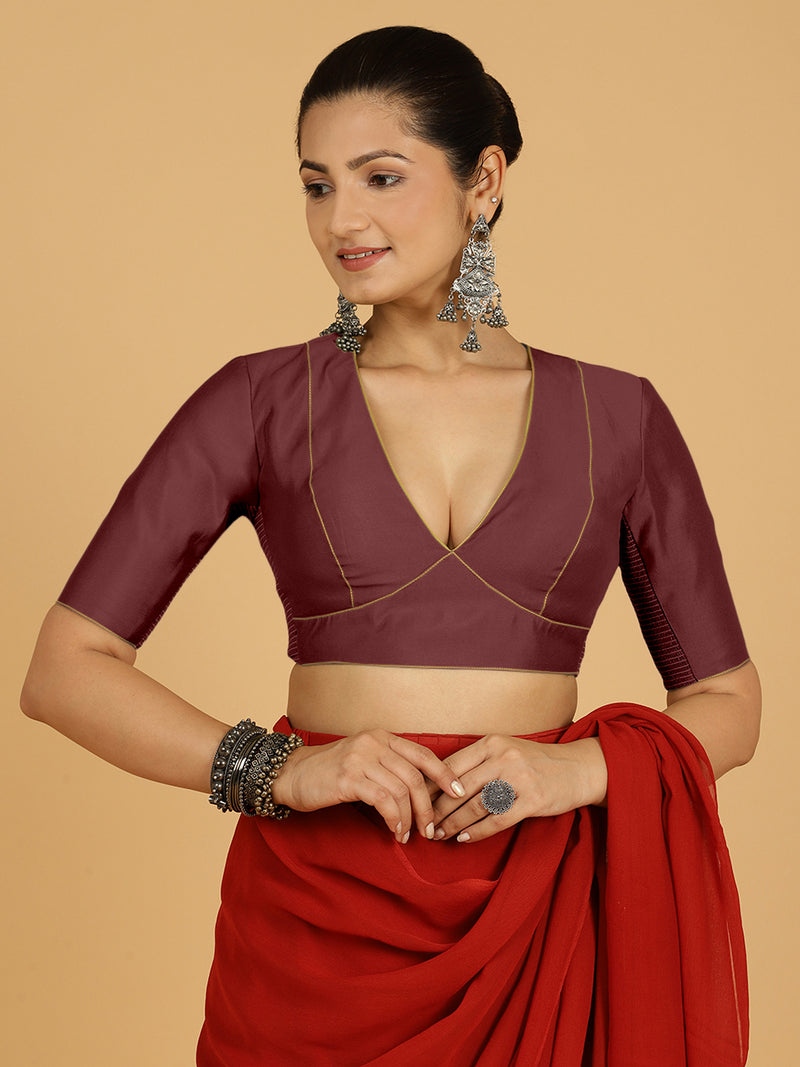 Ghazal x Rozaana | Elbow Sleeves Saree Blouse in Deep Maroon-Binks