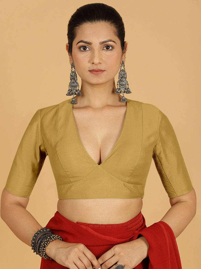 Ghazal x Rozaana | Elbow Sleeves Saree Blouse in Dijon Mustard-Binks