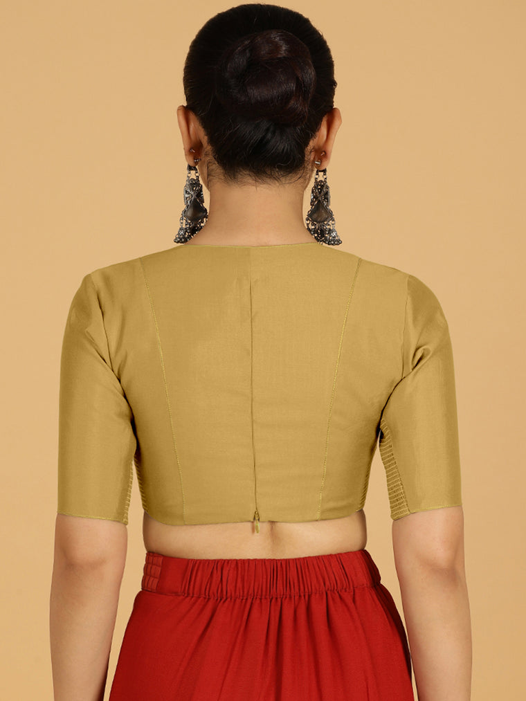 Ghazal x Rozaana Saree Blouse, in Yellow Viscose, featuring elbow sleeves and curved v-neckline, made for daily & work (view 2).