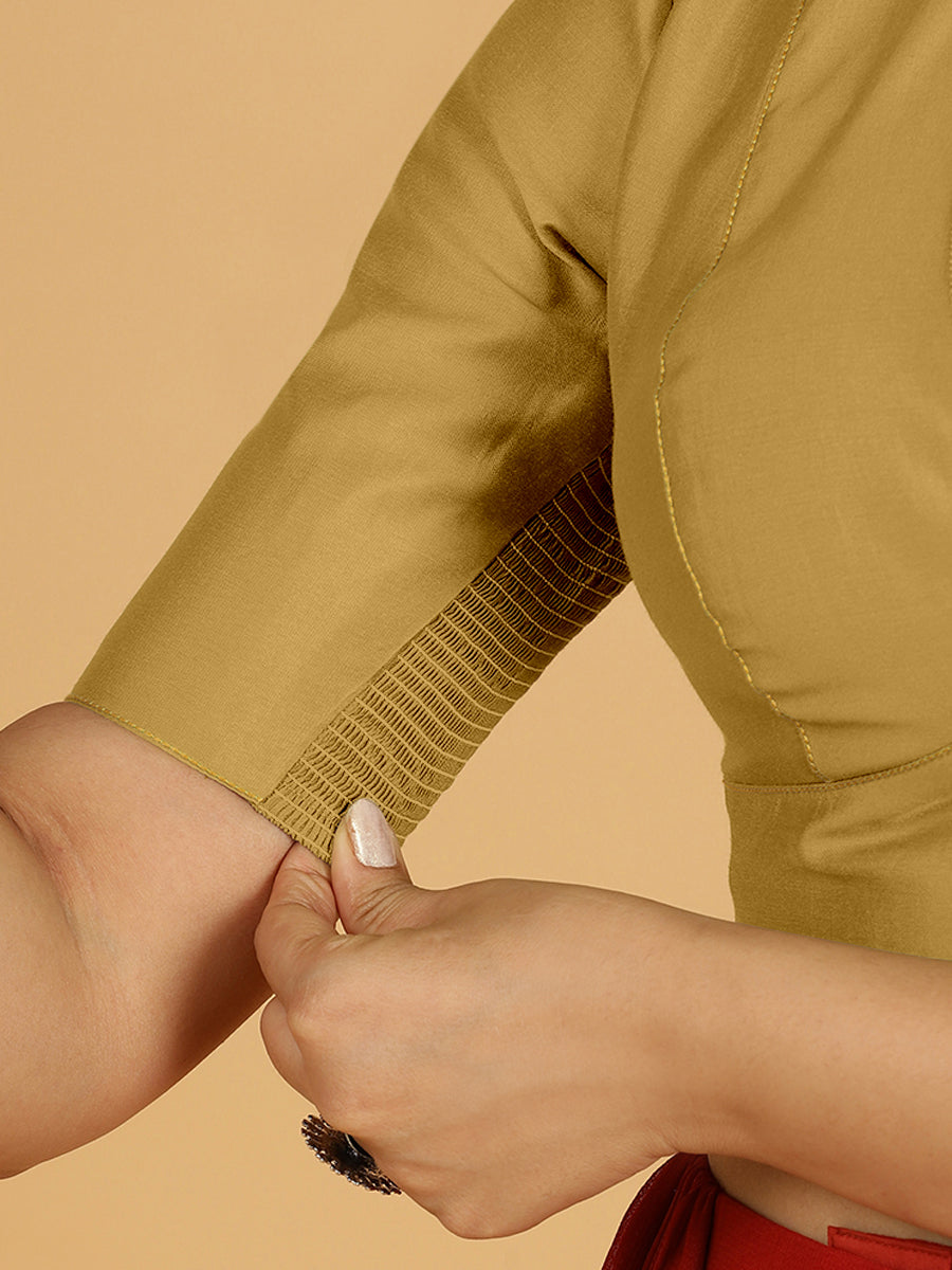 Ghazal x Rozaana Saree Blouse, in Yellow Viscose, featuring elbow sleeves and curved v-neckline, made for daily & work (view 4).