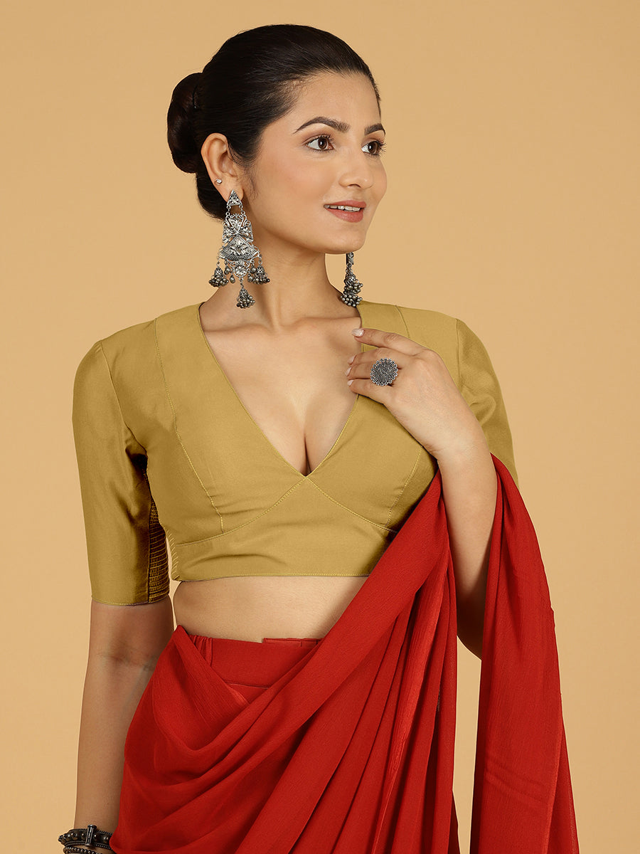 Ghazal x Rozaana Saree Blouse, in Yellow Viscose, featuring elbow sleeves and curved v-neckline, made for daily & work (view 5).