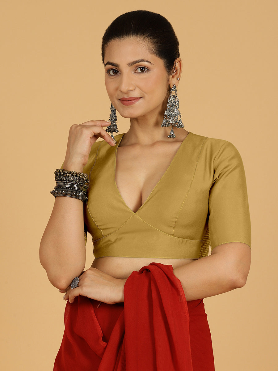 Ghazal x Rozaana Saree Blouse, in Yellow Viscose, featuring elbow sleeves and curved v-neckline, made for daily & work (view 8).