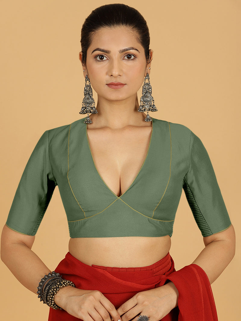 Ghazal x Rozaana | Elbow Sleeves Saree Blouse in Hunter Green-Binks