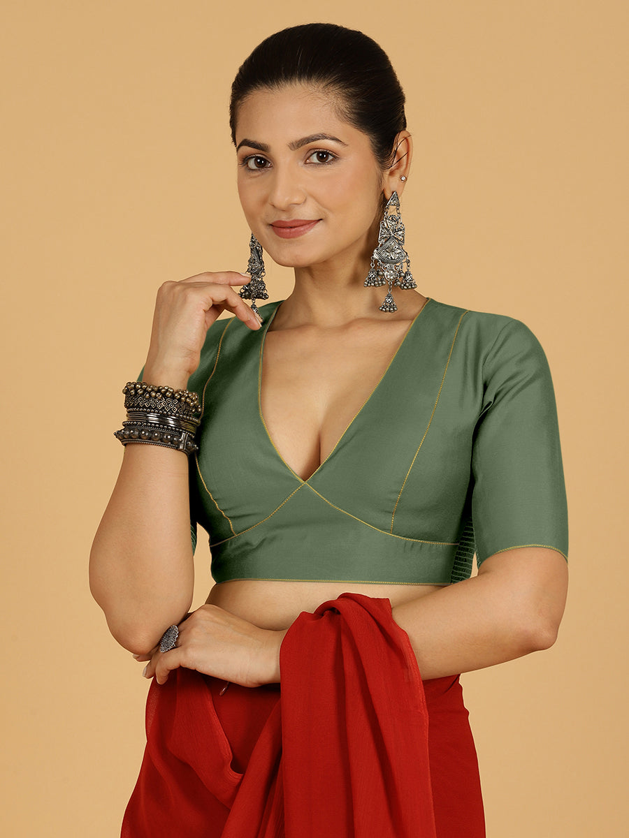 Ghazal x Rozaana Saree Blouse, in Green Viscose, featuring elbow sleeves and curved v-neckline, made for daily & work (view 8).