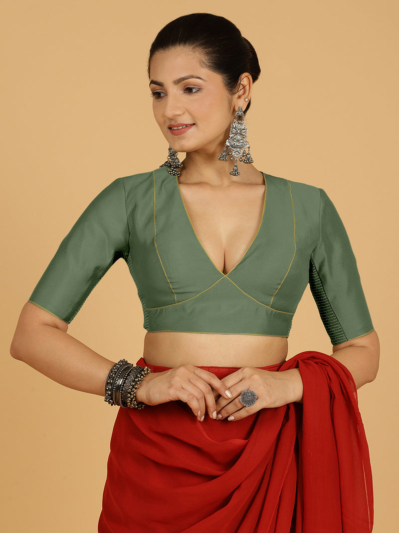 Ghazal x Rozaana | Elbow Sleeves Saree Blouse in Hunter Green-Binks