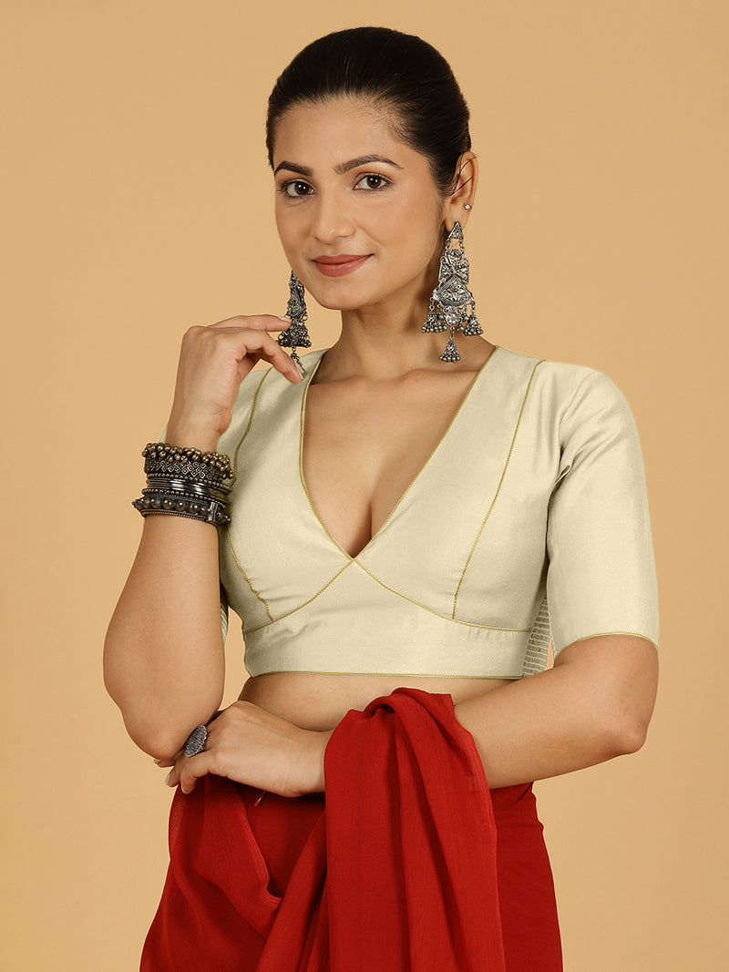 Ghazal x Rozaana | Elbow Sleeves Saree Blouse in Ivory-Binks