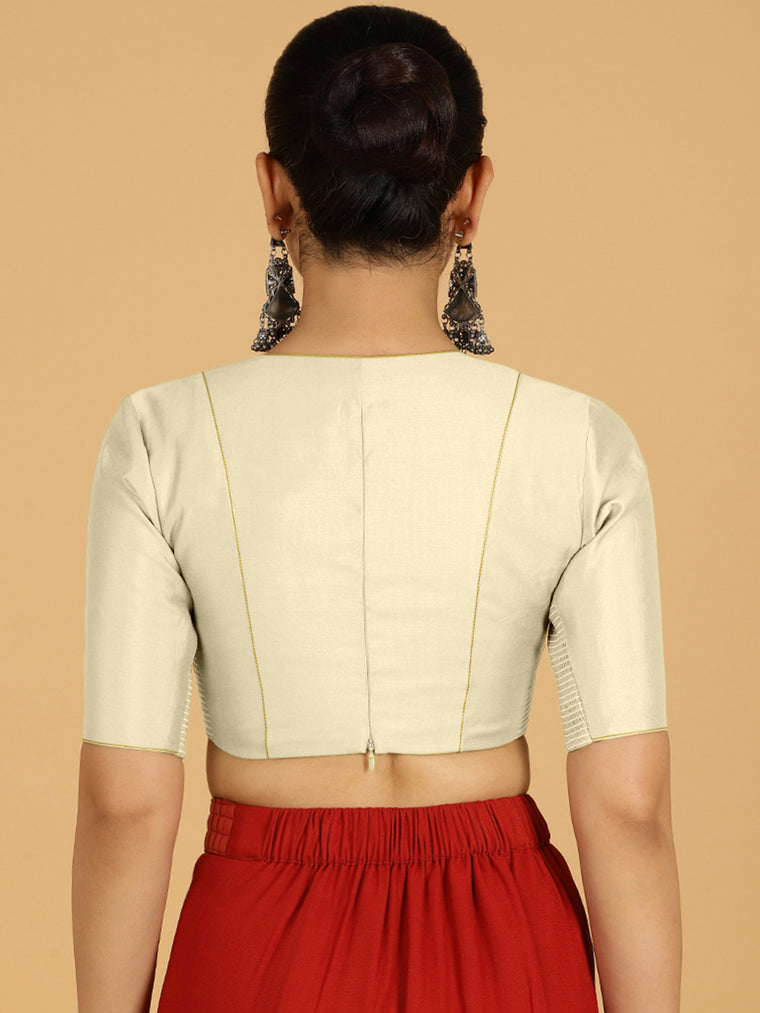 Ghazal x Rozaana Saree Blouse, in Cream Viscose, featuring elbow sleeves and curved v-neckline, made for daily & work (view 2).