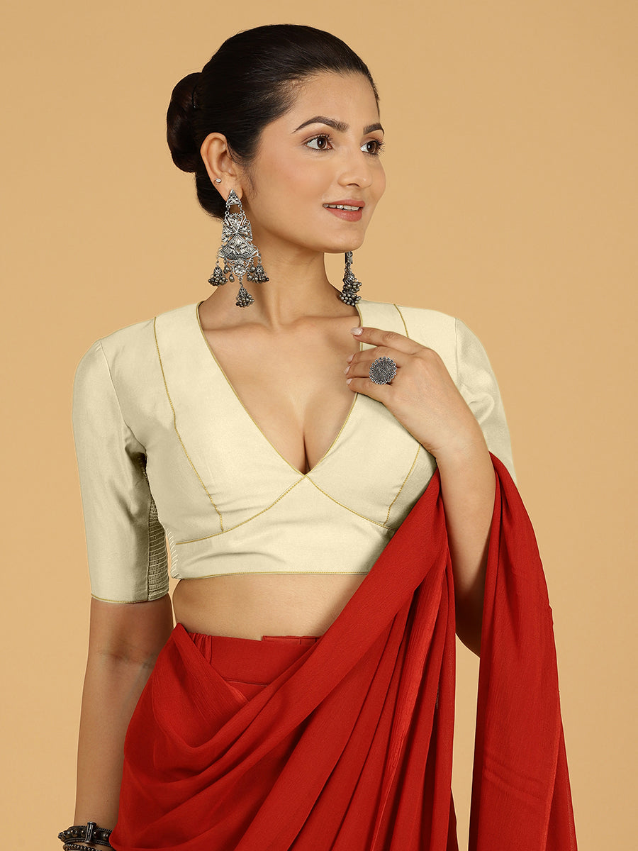 Ghazal x Rozaana Saree Blouse, in Cream Viscose, featuring elbow sleeves and curved v-neckline, made for daily & work (view 5).