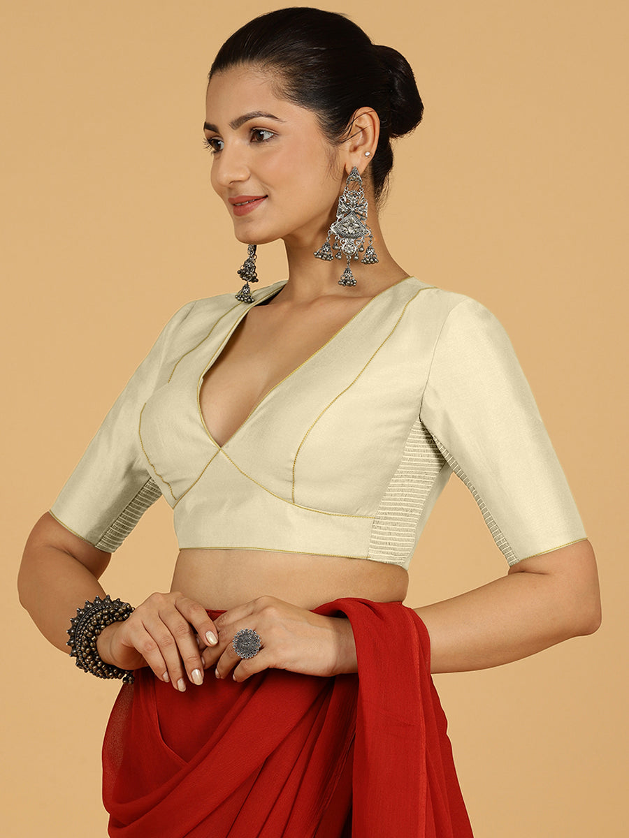 Ghazal x Rozaana Saree Blouse, in Cream Viscose, featuring elbow sleeves and curved v-neckline, made for daily & work (view 6).