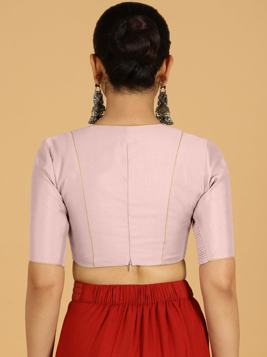 Ghazal x Rozaana Saree Blouse, in Purple Viscose, featuring elbow sleeves and curved v-neckline, made for daily & work (view 2).