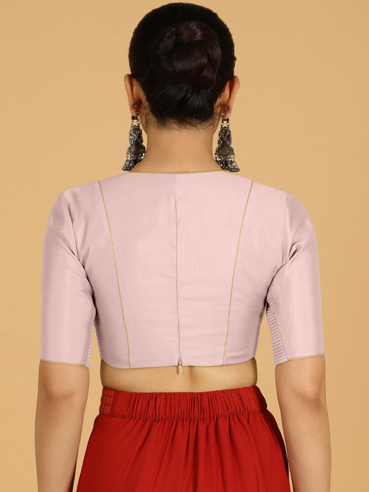 Ghazal x Rozaana Saree Blouse, in Purple Viscose, featuring elbow sleeves and curved v-neckline, made for daily & work (view 2).