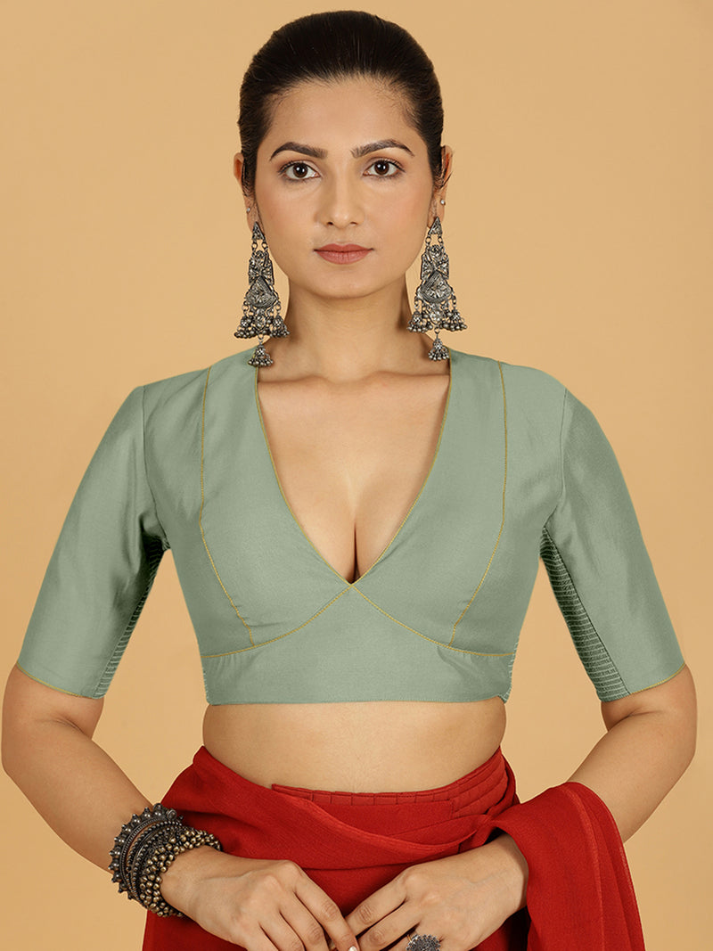 Ghazal x Rozaana | Elbow Sleeves Saree Blouse in Mint Green-Binks