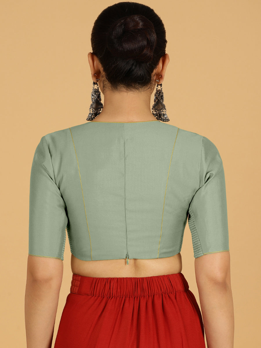 Ghazal x Rozaana Saree Blouse, in Green Viscose, featuring elbow sleeves and curved v-neckline, made for daily & work (view 2).