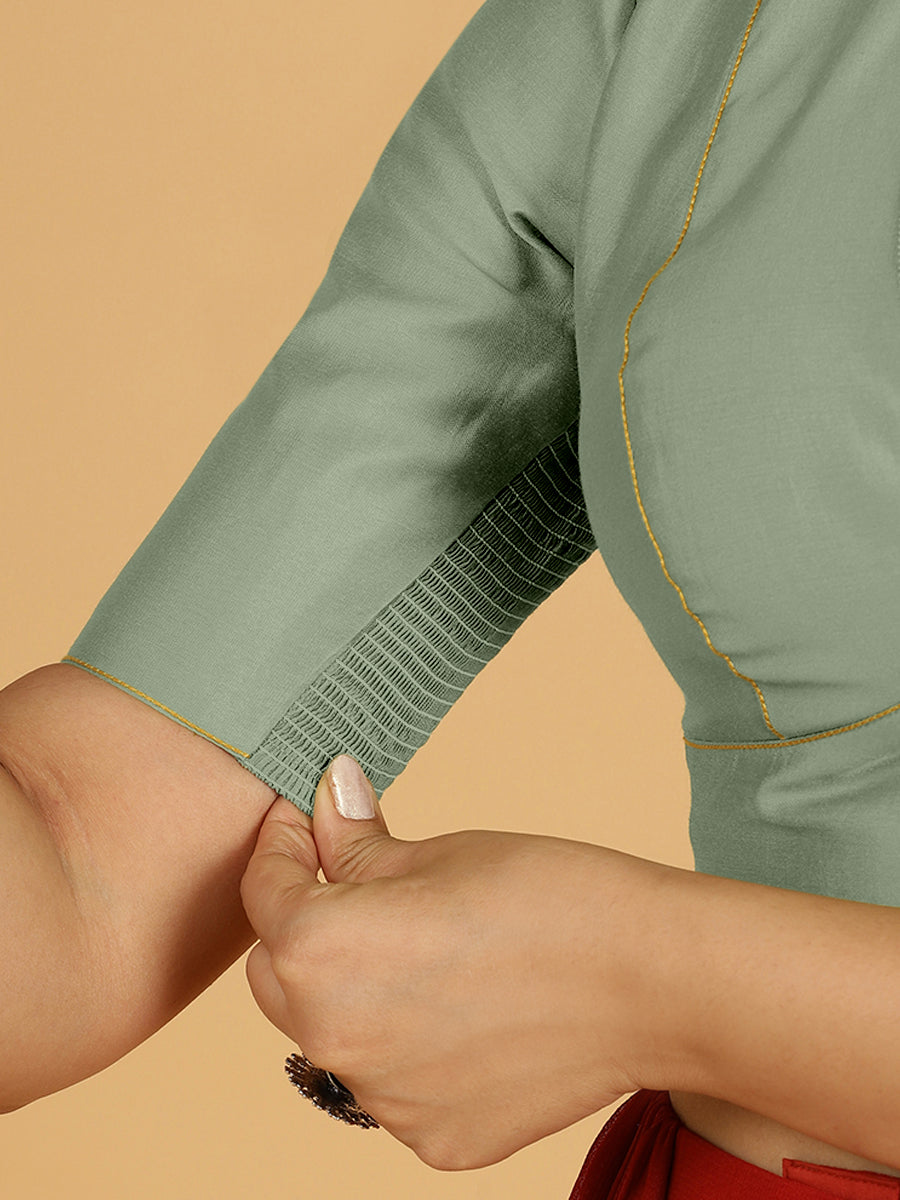 Ghazal x Rozaana Saree Blouse, in Green Viscose, featuring elbow sleeves and curved v-neckline, made for daily & work (view 4).