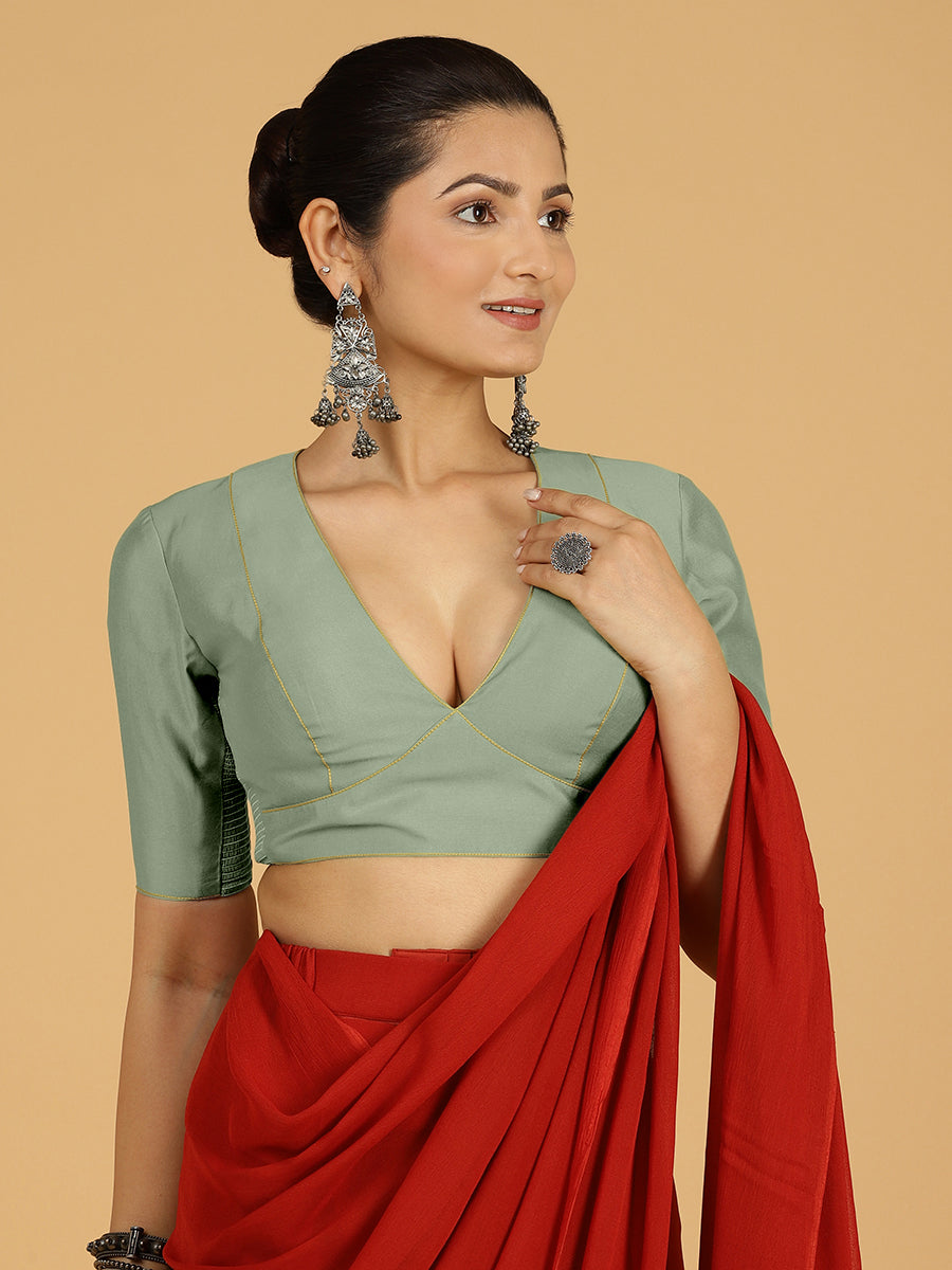 Ghazal x Rozaana Saree Blouse, in Green Viscose, featuring elbow sleeves and curved v-neckline, made for daily & work (view 5).