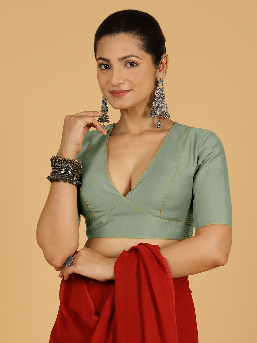 Ghazal x Rozaana Saree Blouse, in Green Viscose, featuring elbow sleeves and curved v-neckline, made for daily & work (view 8).