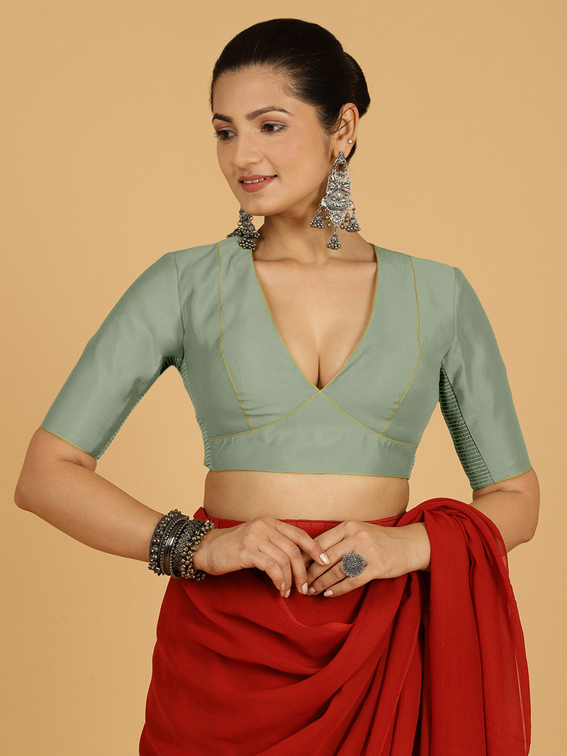 Ghazal x Rozaana | Elbow Sleeves Saree Blouse in Mint Green-Binks