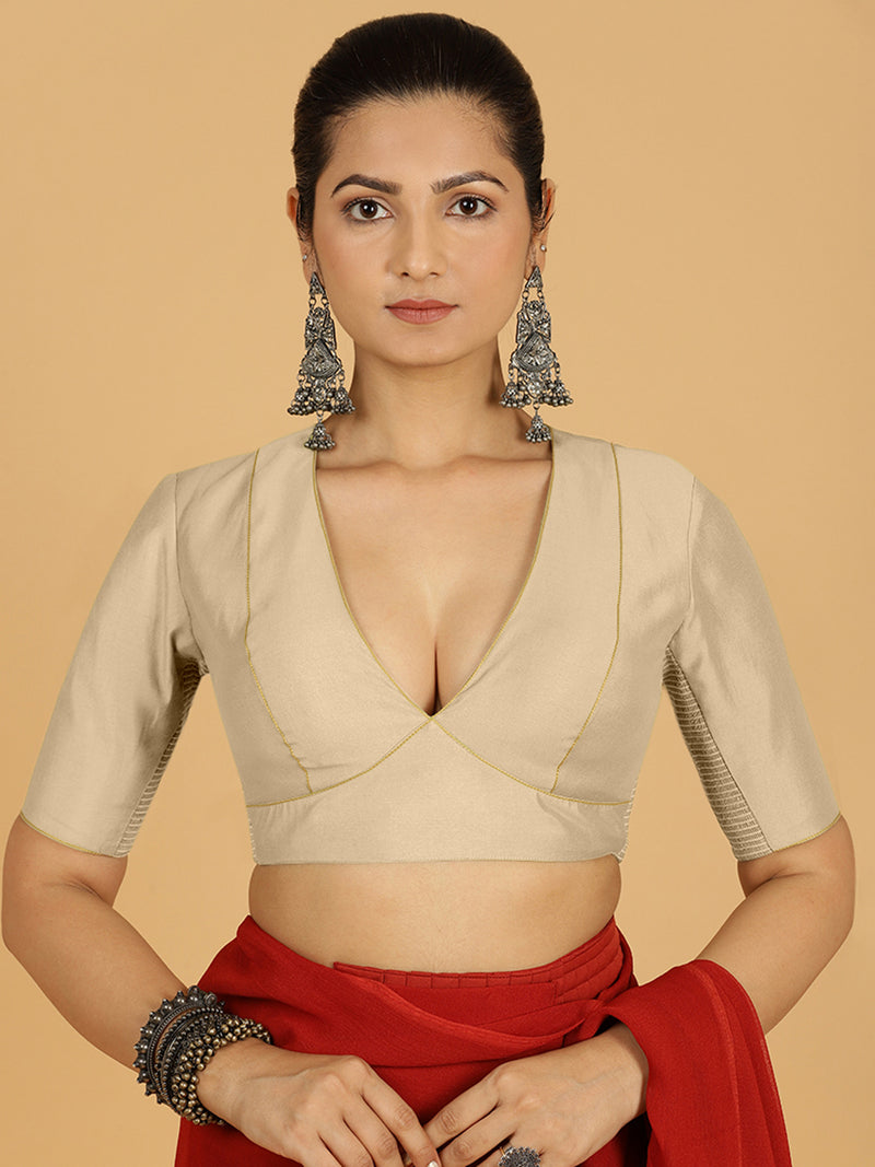 Ghazal x Rozaana | Elbow Sleeves Saree Blouse in Oyster Grey-Binks