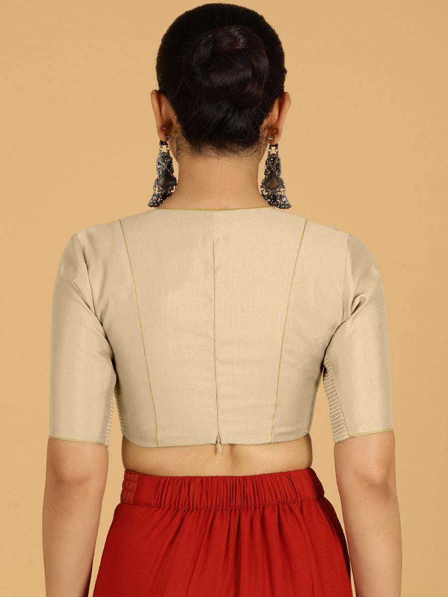 Ghazal x Rozaana Saree Blouse, in Grey Viscose, featuring elbow sleeves and curved v-neckline, made for daily & work (view 2).