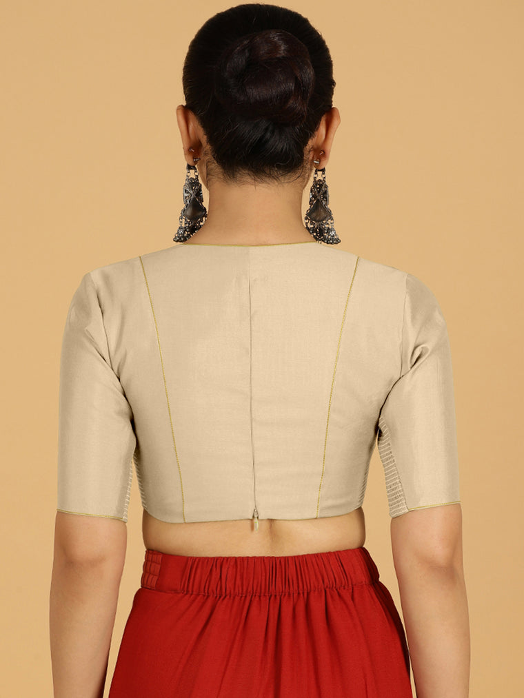 Ghazal x Rozaana Saree Blouse, in Grey Viscose, featuring elbow sleeves and curved v-neckline, made for daily & work (view 2).