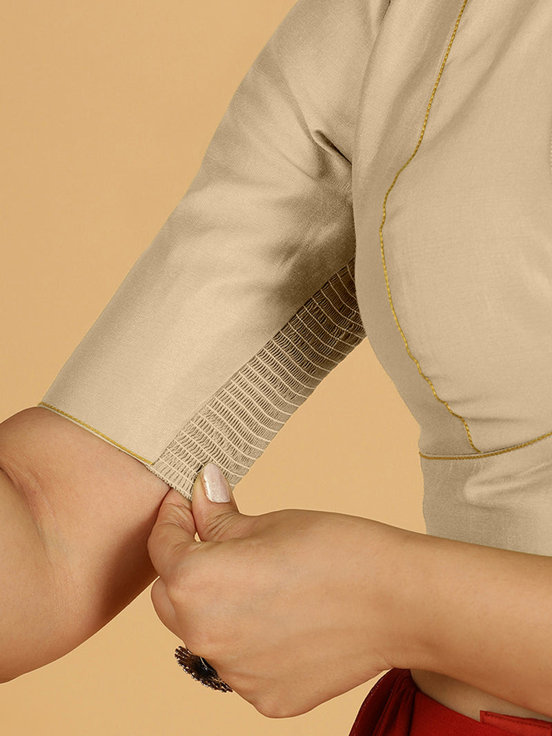 Ghazal x Rozaana | Elbow Sleeves Saree Blouse in Oyster Grey-Binks