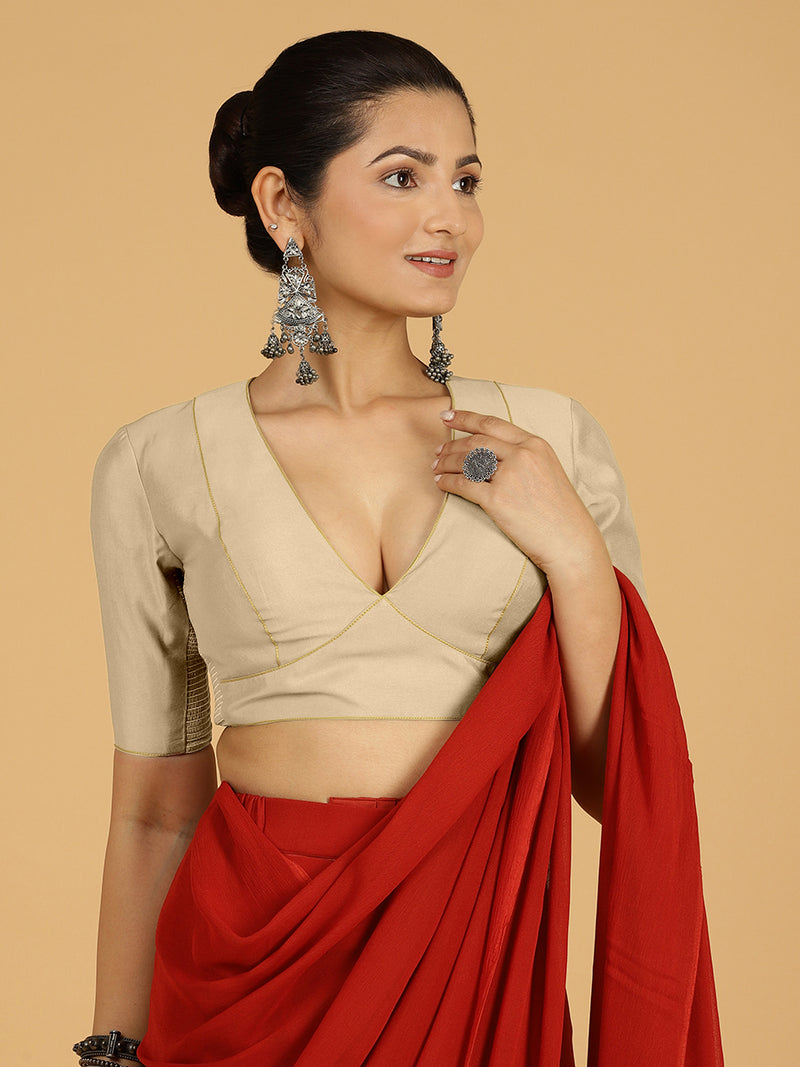 Ghazal x Rozaana | Elbow Sleeves Saree Blouse in Oyster Grey-Binks