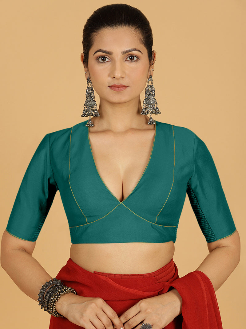 Ghazal x Rozaana | Elbow Sleeves Saree Blouse in Peacock Green-Binks