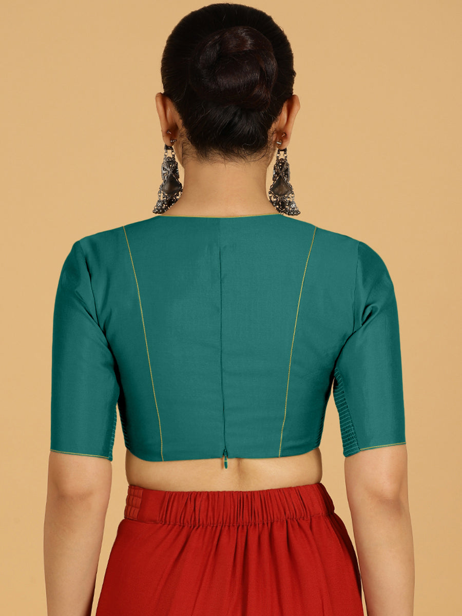 Ghazal x Rozaana Saree Blouse, in Green Viscose, featuring elbow sleeves and curved v-neckline, made for daily & work (view 2).