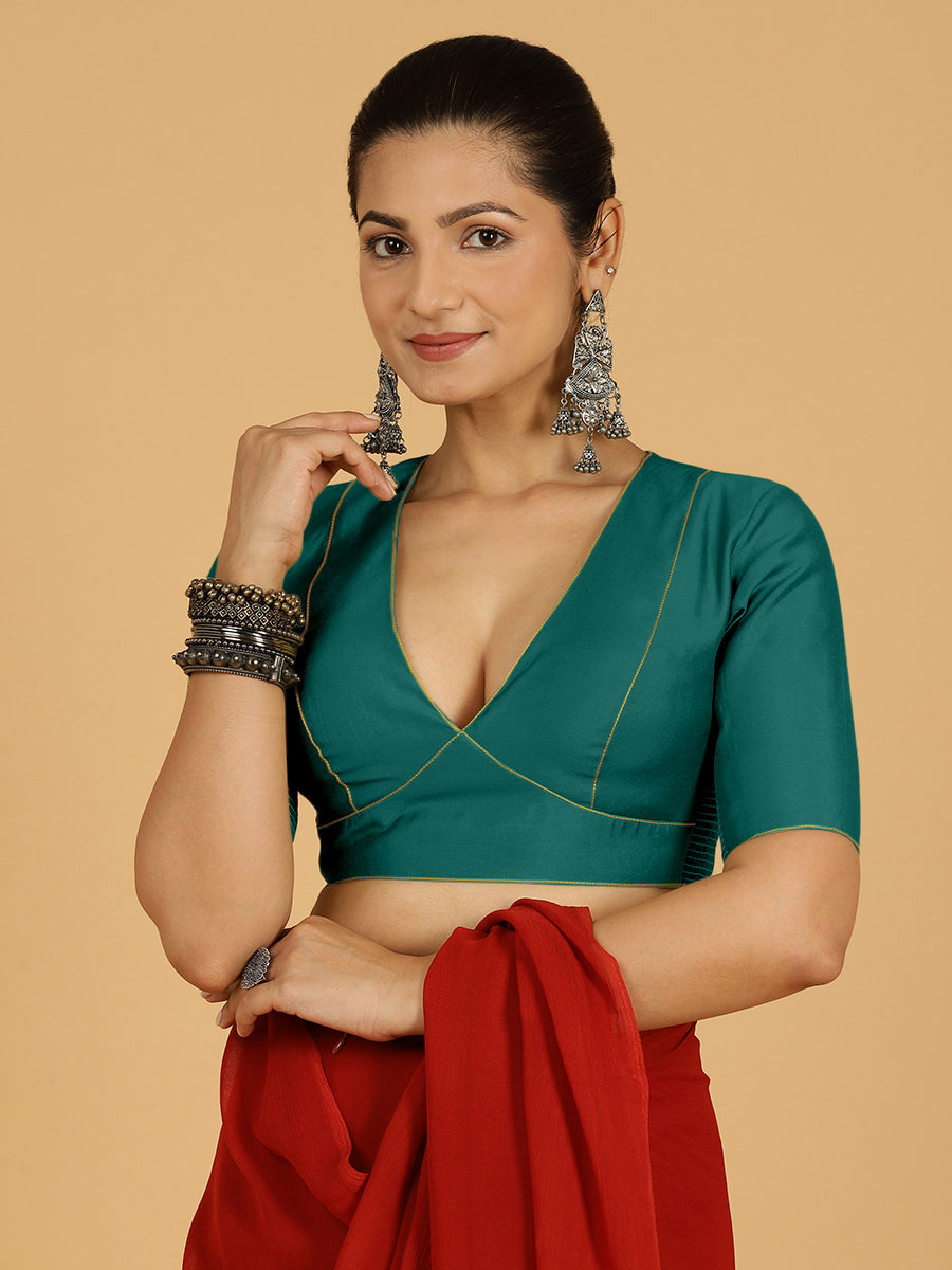 Ghazal x Rozaana Saree Blouse, in Green Viscose, featuring elbow sleeves and curved v-neckline, made for daily & work (view 8).